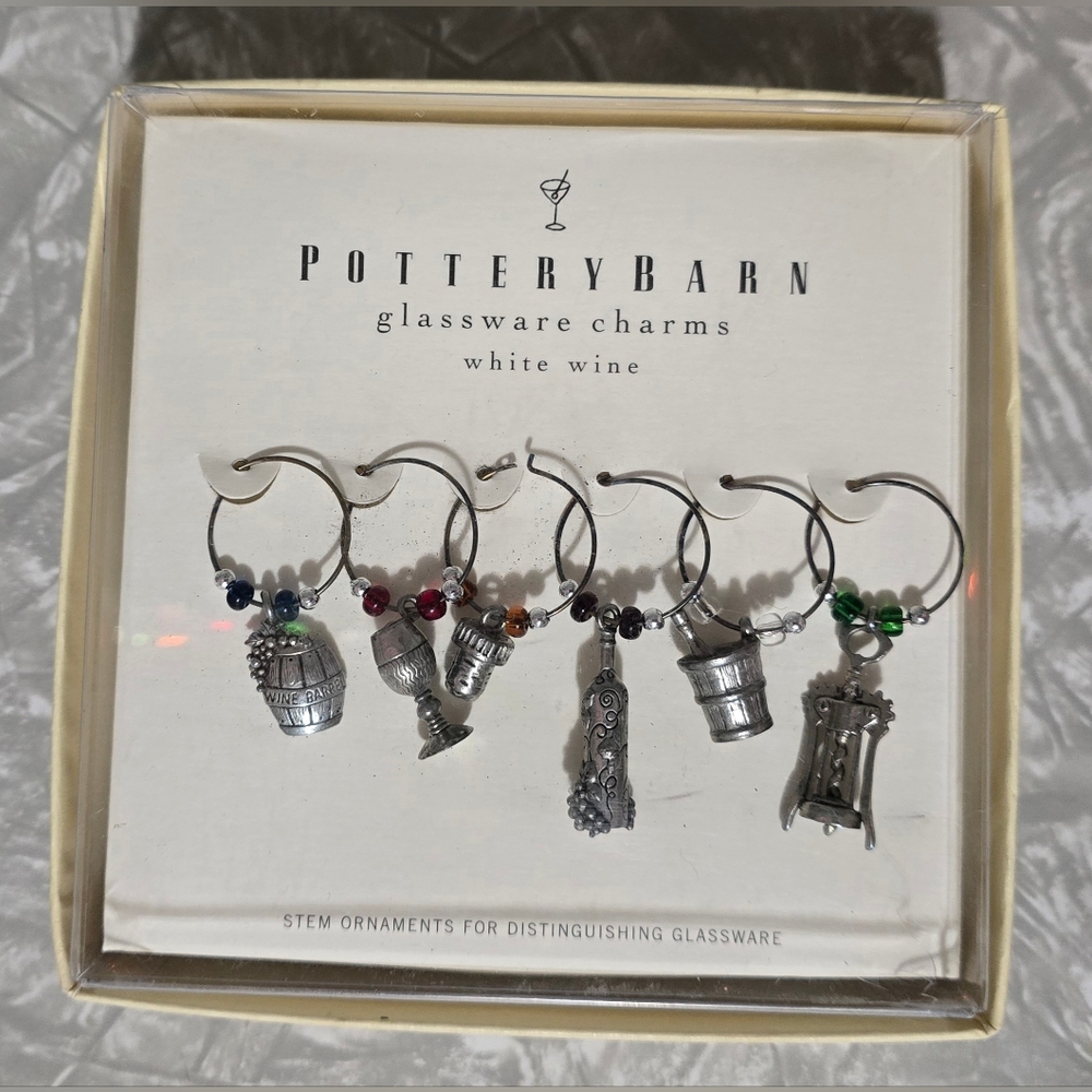 Pottery Barn Glassware Charms Stem Ornaments White Wine Set of 6 USA